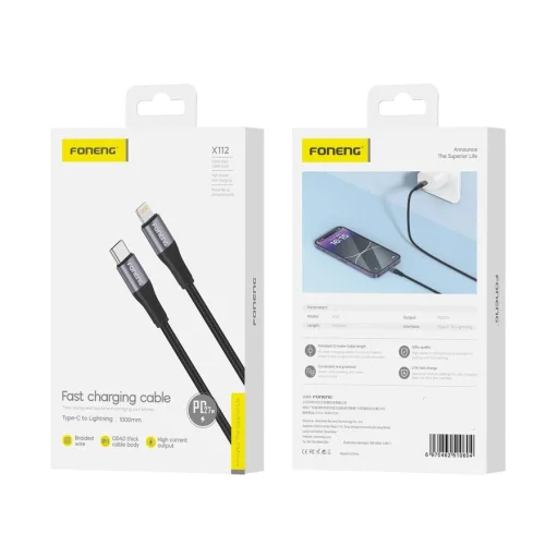 FONENG kábel X112 USB-C - Lightning PD 27W 1M Fekete - 1