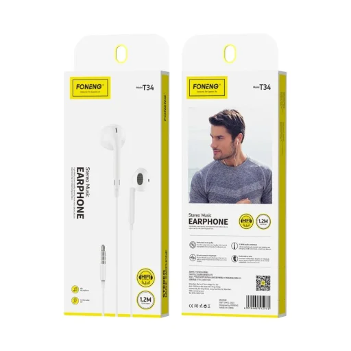 FONENG vezetékes fülhallgatók T34 JACK 3,5 MM mikrofonnal 1,2M Fehér - 1