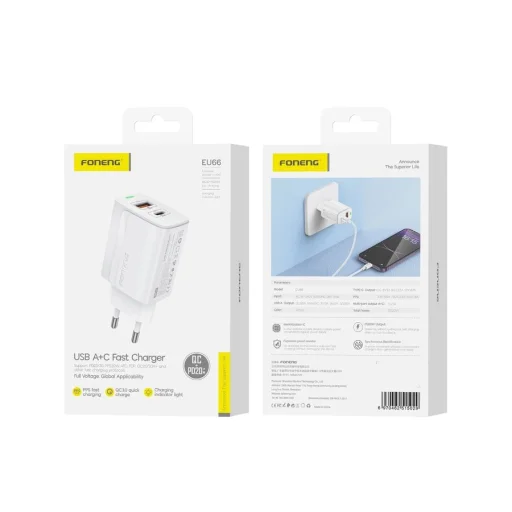 FONENG fali töltő EU66 PD 20W 1xUSB-C + 1xUSB QC3.0 Fehér - 1
