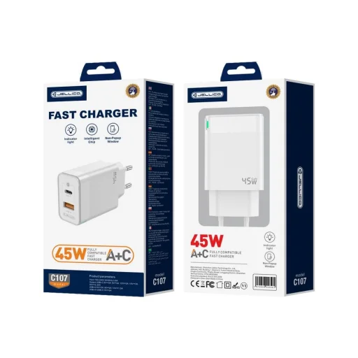 JELLICO hálózati töltő C107 GaN PD 45W 1xUSB-C + 1xUSB QC3.0 Fehér - 2