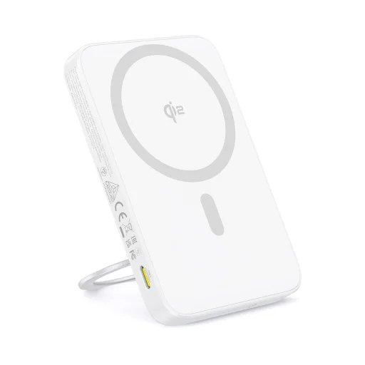 Baseus - PicoGo Magsafe Power Bank (P10076800213-01) - Type-C, Qi2, Gyors töltés, 20W, 5000mAh, Forgatható állvány, Type-C kábel - Fehér - 1