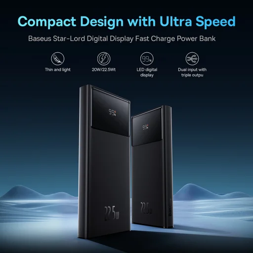 Baseus - Star-Lord Power Bank (PPXJ100001) - 2x USB, Type-C, Micro-USB, 22.5W, 10000mAh, Type-C kábel, 3A, 30cm - Fekete - 4