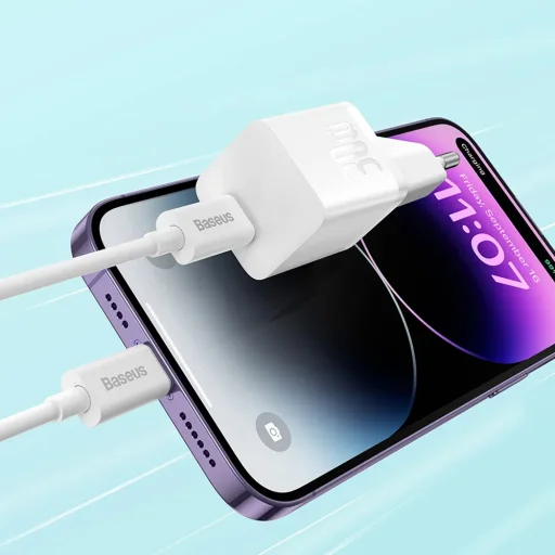 Baseus - Fali Töltő (P10110902113-00) - GaN, Type-C, Gyors Töltés, 30W, Type-C Kábellel, 100W, 1m - Fürt Fekete - 2