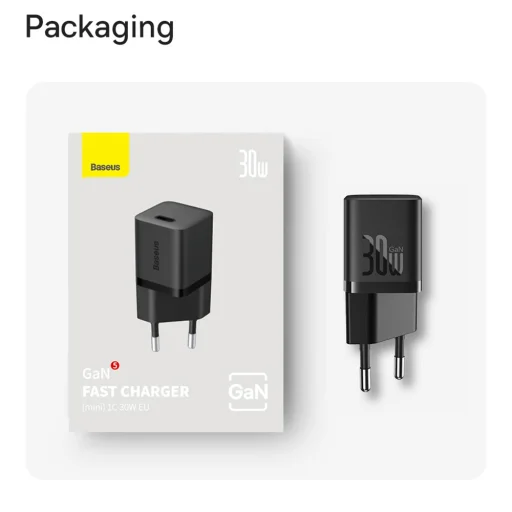 Baseus - Fali Töltő (P10110902113-00) - GaN, Type-C, Gyors Töltés, 30W, Type-C Kábellel, 100W, 1m - Fürt Fekete - 7