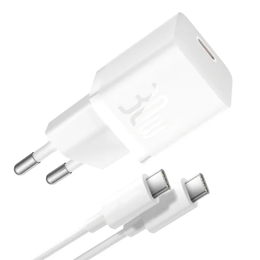 Baseus - Fali Töltő (P10110902213-00) - GaN, Type-C, Gyors Töltés, 30W, Type-C Kábellel, 100W, 1m - Hold Fehér - 1