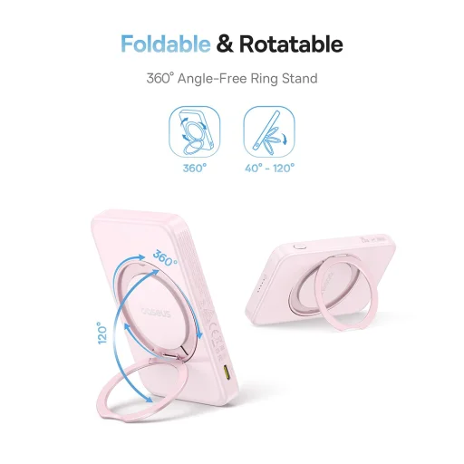 Baseus - PicoGo Magsafe Power Bank (P10076800413-00) - Type-C, Qi2, Gyors Töltés, 20W, 5000mAh, Forgatható Állvány, Type-C Kábel - Rózsaszín - 7