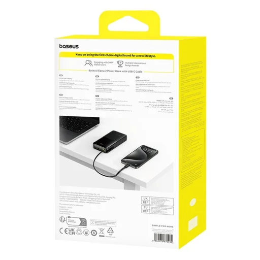Baseus - Bipow 2 Power Bank (P10077101113-01) - Beépített USB-C kábel, Type-C, USB, Intelligens kijelző, 20000mAh, 20W - Fekete - 7