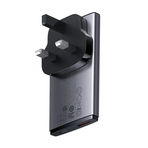 Baseus - Fali Töltő (CCGP150113) - GaN5 Pro Lapos Kialakítás, USB, Type-C, UE és UK Csatlakozóval, Type-C Kábel - Szürke - 3