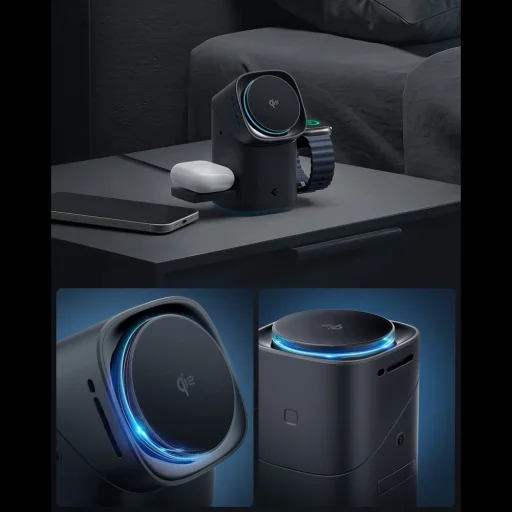 Spigen Essential EF223MS 3in1 Qi2 Rotary Magnetic Magsafe vezeték nélküli töltőállomás fekete - 3