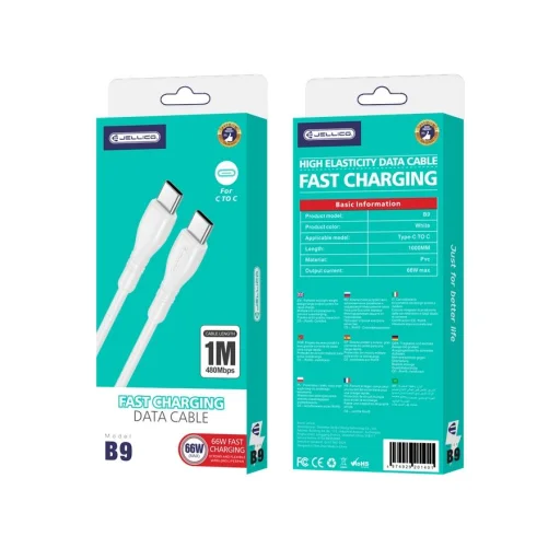 JELLICO kábel B9 USB-C - USB-C PD 66W 1M Fehér - 1