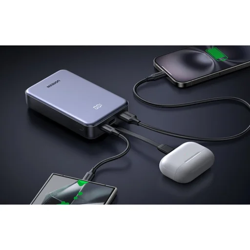 Powerbank 20000mAh Ugreen PB505, USB + USB-C, beépített kábel, 20W (szürke) - 5