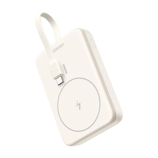 Ugreen PB760 Mágneses 10000mAh Hordozható Akkumulátor, Beépített Kábel, 20W (Bézs) - 1