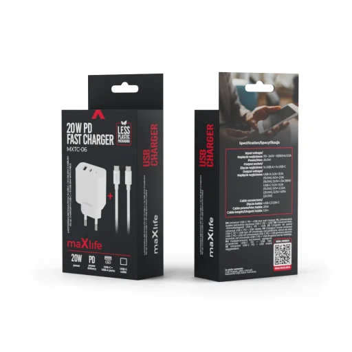 Maxlife MXTC-06-20AC PD QC töltő 1x USB-C 1x USB 20W fehér + USB-C - USB-C kábel 20W - 11