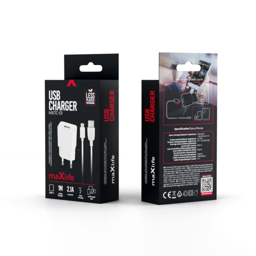 Maxlife MXTC-01 töltő 1x USB 2.1A fehér + USB-C kábel - 7