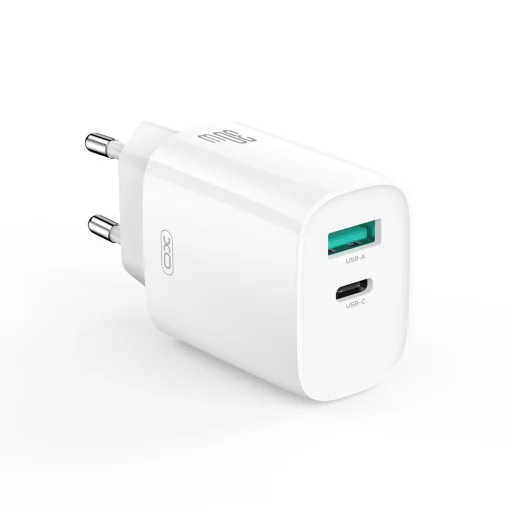 XO fali töltő CE30 PD 30W 1x USB-C 1x USB fehér + kábel USB-C - USB-C - 2