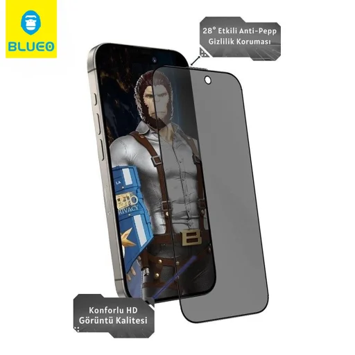 Blueo - Kémkedés elleni üveg applikátorral Pro - iPhone 15 Pro Max - Fekete üvegfólia - 4