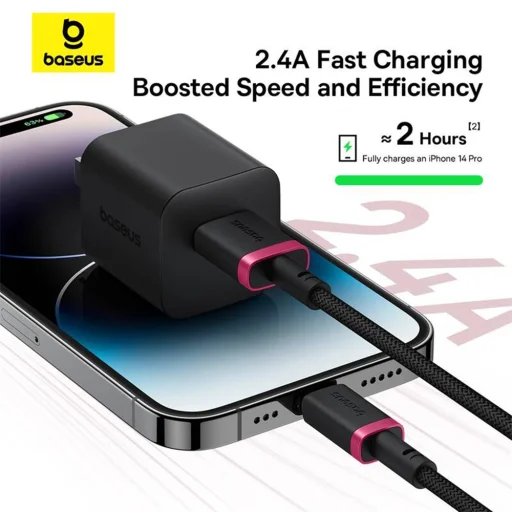 Baseus - Dura sorozat adatkábel (P10377801U01-03) - USB Lightning csatlakozó, Gyors töltés, 2.4A, 480Mbps, Nejlon, 2 m - Piros / Fekete - 6