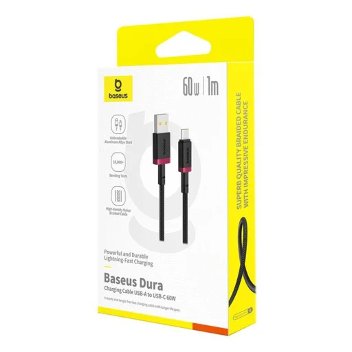 Baseus - Dura Series adatkábel (P10377802U01-01) - USB - Type-C, Gyors töltés, 60W, 480Mbps, Nejlon, 1m - Piros / Fekete - 7