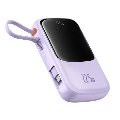 Baseus - Qpow Pro+ (P10067101513-00) - Hordozható töltő, Lightning, 2x Type-C, USB, 22,5W, 10000mAh, Type-C kábel - Lila - 2