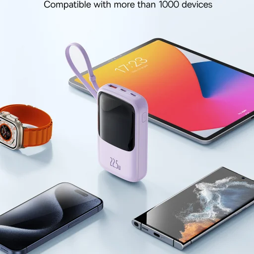 Baseus - Qpow Pro+ (P10067101513-00) - Hordozható töltő, Lightning, 2x Type-C, USB, 22,5W, 10000mAh, Type-C kábel - Lila - 3