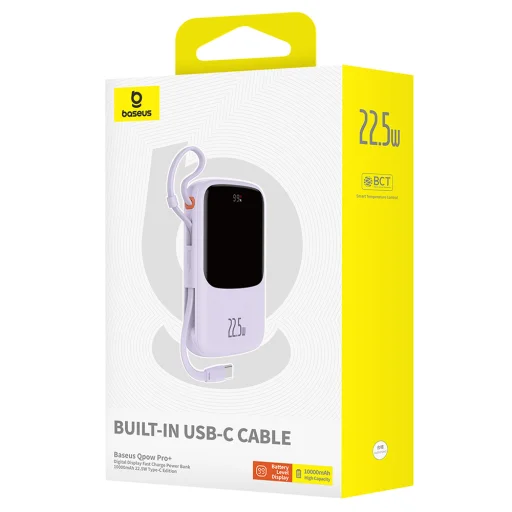 Baseus - Qpow Pro+ (P10067101513-00) - Hordozható töltő, Lightning, 2x Type-C, USB, 22,5W, 10000mAh, Type-C kábel - Lila - 7
