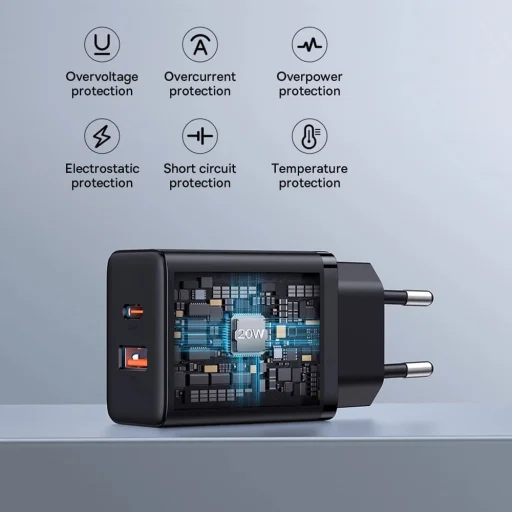 Baseus - Fali töltő (P10111403113-00) - USB, Type-C, Gyors töltés 20W - Fekete klaszter - 7