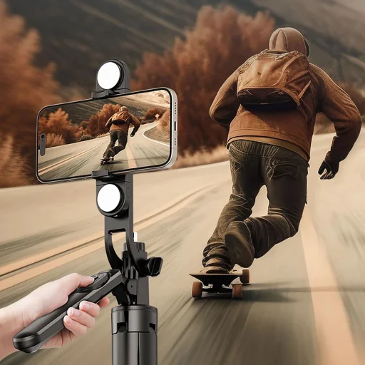 Selfie stick WH181D-Y1S 1.75m aluminum alloy telescopic tripod with dual lamp and phone holder - black - 6