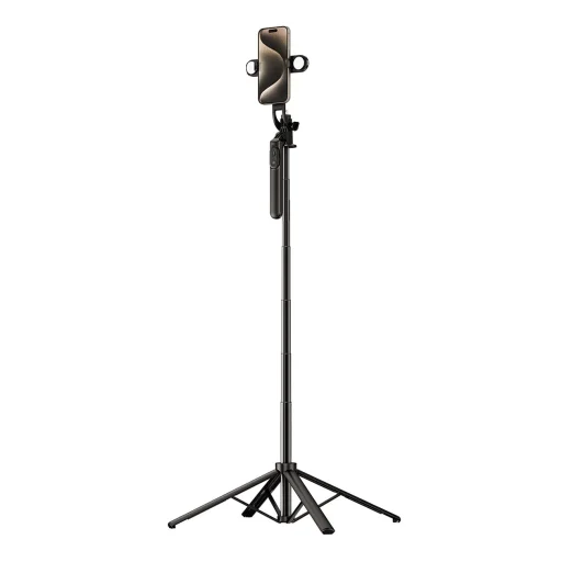 Selfie stick WH181D-Y1S 1.75m aluminum alloy telescopic tripod with dual lamp and phone holder - black - 1