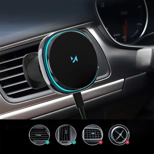 Wozinsky WCT5-Q6S2Y Autós tartó Qi/MagSafe 15W-os induktív töltővel szellőzőrácshoz ventilátorral - Fekete - 6