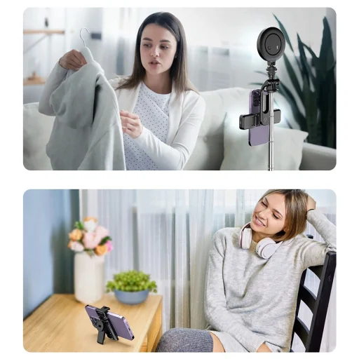 Selfie bot WC13YDS teleszkópos tripod 1,3m dupla lámpával és telefontartóval - fekete - 18