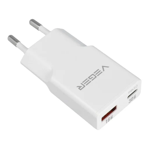 VEGER fali töltő USB A + USB C QC PD 30W 30W1A1C fehér - 2