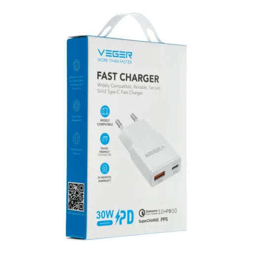 VEGER fali töltő USB A + USB C QC PD 30W 30W1A1C fehér - 5