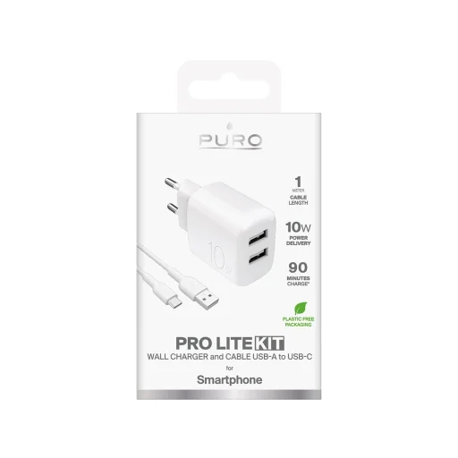 Puro PROLITE 10W 2x USB-A hálózati töltő + USB-A - USB-C kábel 1.2m - fehér - 2