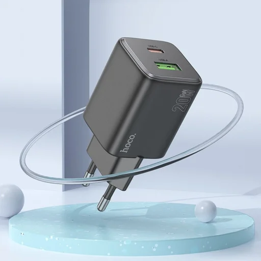 Fali töltő Hoco N41, 20W, 3A, 1 x USB-A - 1 x USB-C, Lightning kábellel, fekete - 5