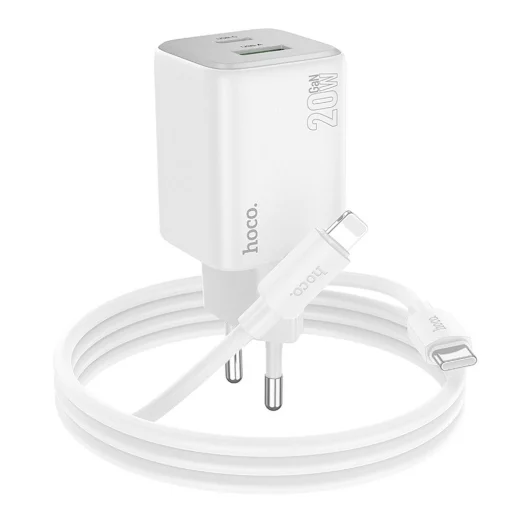 HOCO töltő USB A + Type C + kábel Type C - Lightning PD QC 3A 20W N41 fehér - 2