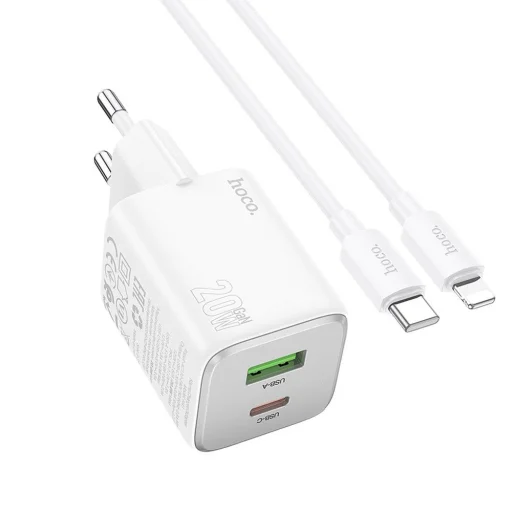 HOCO töltő USB A + Type C + kábel Type C - Lightning PD QC 3A 20W N41 fehér - 1