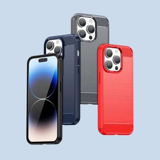 Carbon fliptok iPhone 14 Pro Max-hoz flexibilis gél hátlappal kék, - 12