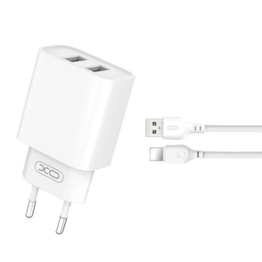 XO fali töltő CE02C 2x USB 2,1A fehér + Lightning kábel - 1