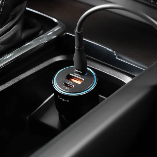  Ringke - Autós töltő - USB, 2x Type-C, PD30W, QC3.0, környezeti fénnyel - Fekete - 6