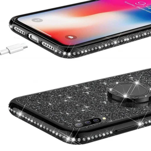 iPhone 12 mini Diamond csillogó tok gyűrű támasszal fekete - 2