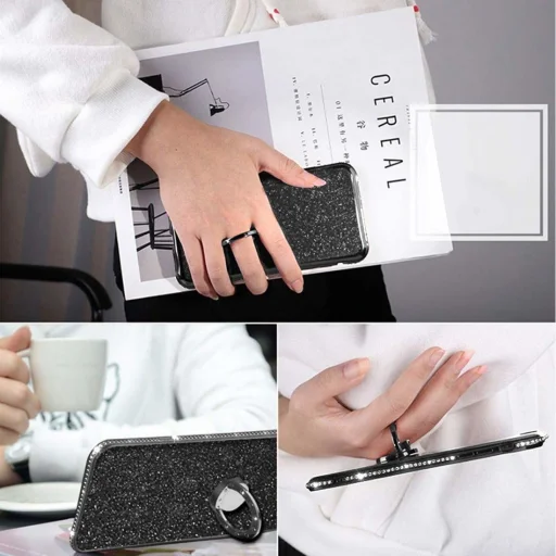 iPhone 12 mini Diamond csillogó tok gyűrű támasszal fekete - 3