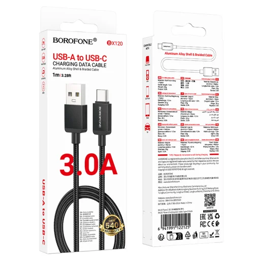 Borofone BX120 Placer kábel - USB Type-C - 3A 1 méter fekete - 5