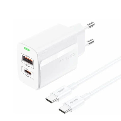 FONENG hálózati töltő EU66 PD 20W 1xUSB-C + 1xUSB QC3.0 + kábel USB-C - USB-C Fehér - 2