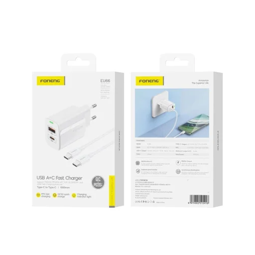 FONENG hálózati töltő EU66 PD 20W 1xUSB-C + 1xUSB QC3.0 + kábel USB-C - USB-C Fehér - 1
