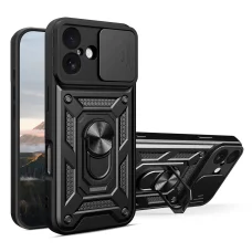  iPhone 17 Fekete Hybrid Armor Camshield fliptok páncélos tokkal, állvánnyal és kamera fedéllel