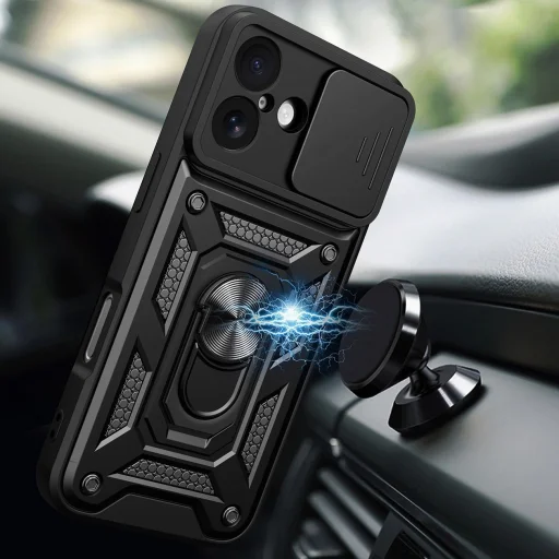  iPhone 17 Fekete Hybrid Armor Camshield fliptok páncélos tokkal, állvánnyal és kamera fedéllel - 3