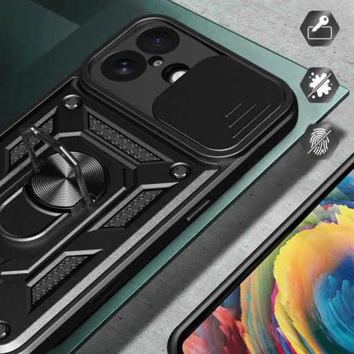  iPhone 17 Fekete Hybrid Armor Camshield fliptok páncélos tokkal, állvánnyal és kamera fedéllel - 4