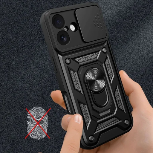  iPhone 17 Fekete Hybrid Armor Camshield fliptok páncélos tokkal, állvánnyal és kamera fedéllel - 5