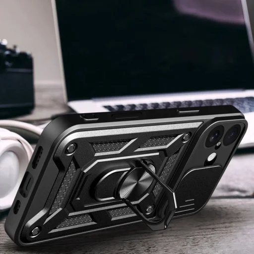  iPhone 17 Fekete Hybrid Armor Camshield fliptok páncélos tokkal, állvánnyal és kamera fedéllel - 6
