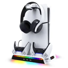 iPega P5S006 multifunkčná nabíjacia stanica s RGB chladením pre PS5 Slim biela (poškodený obal)